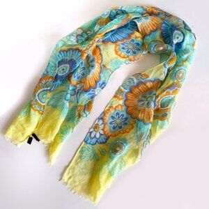 Tarnish 100% Linen Floral Scarf Blue Yellow Green Lightweight Summer 20"x66"
